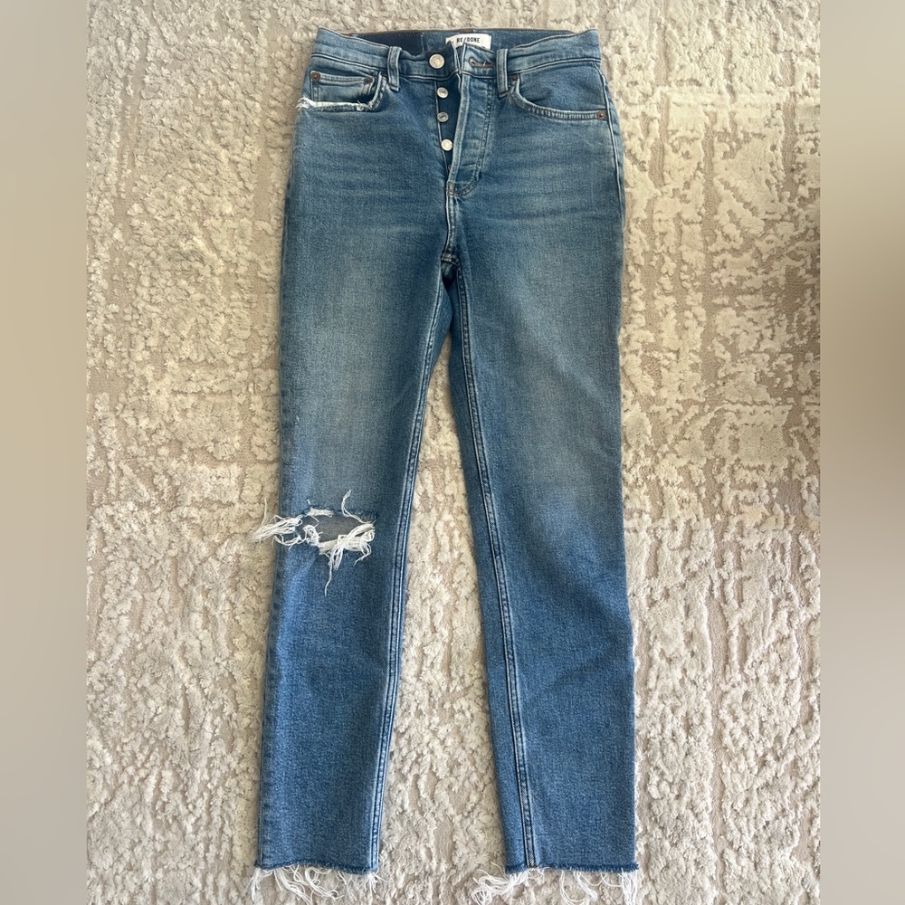 RE/DONE Blue Denim Skinny Jeans with Ripped Knee